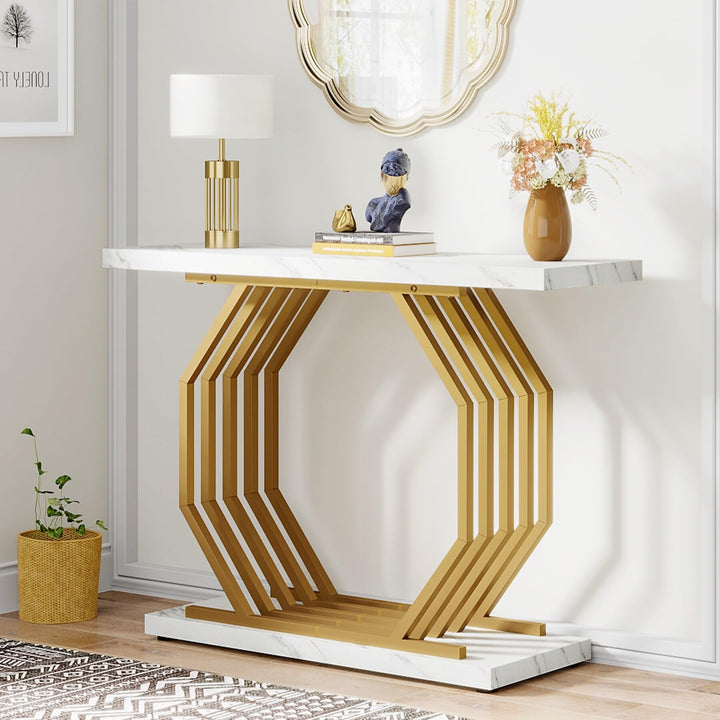 Gold Console Table Marble Entryway Narrow Sofa 40 Inch Modern Accent with - Diamond Home USA