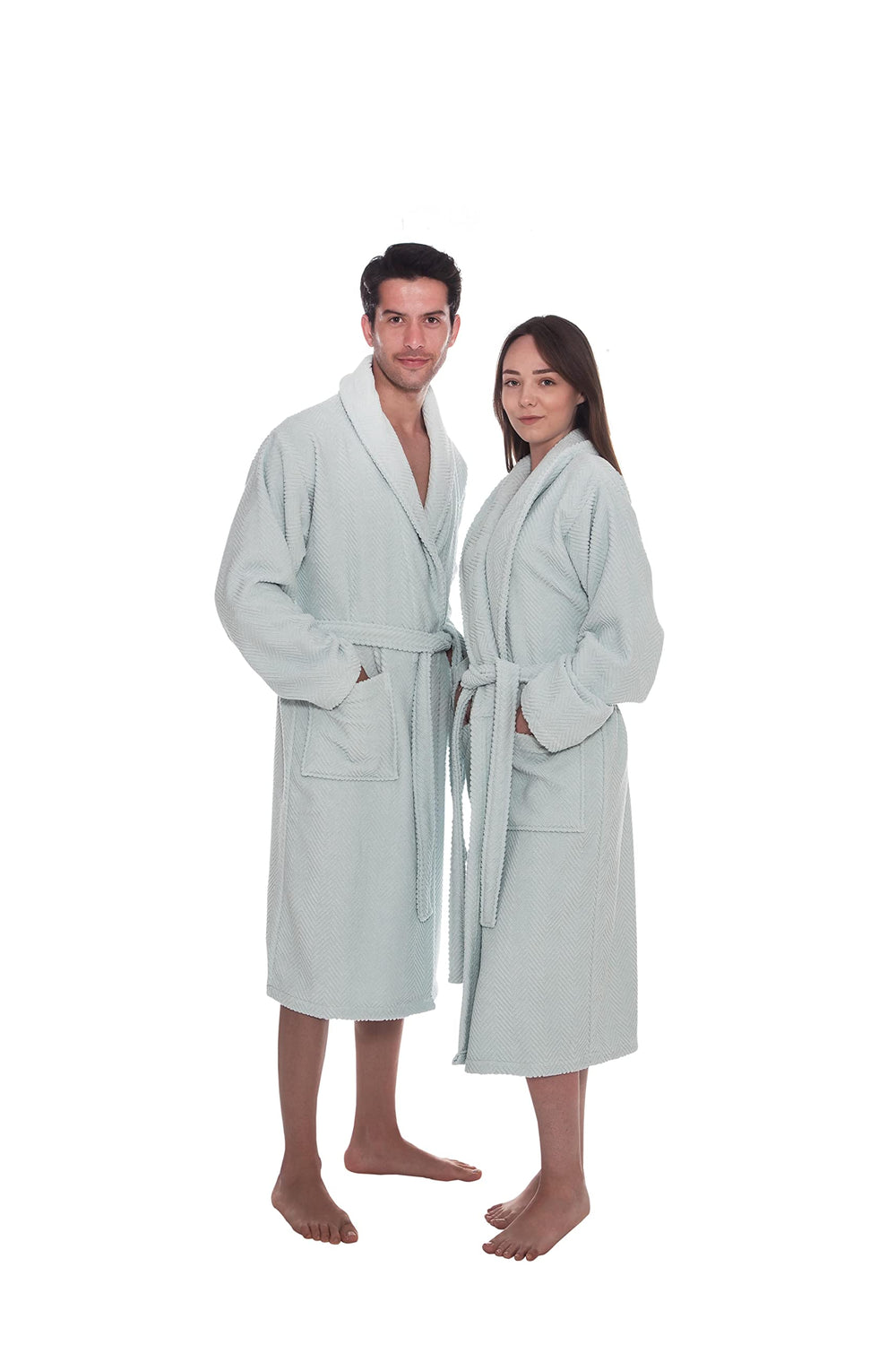 Ozan Premium Home 100% Turkish Cotton Herringbone Bathrobes Shawl Collar with SM - Light Aqua - Diamond Home USA