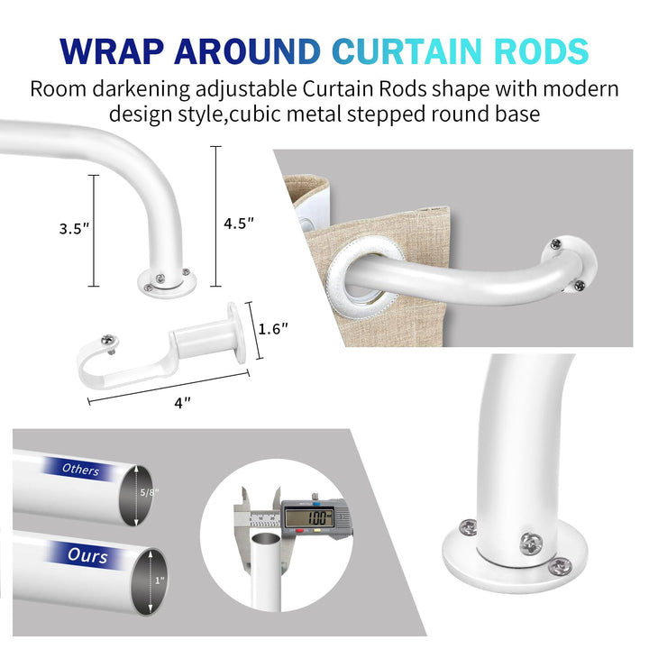 Energy aving Wrap Around Black Out Return Adjustable Window Curtain Metal Rod 84"-120" - Glossy White - Diamond Home USA
