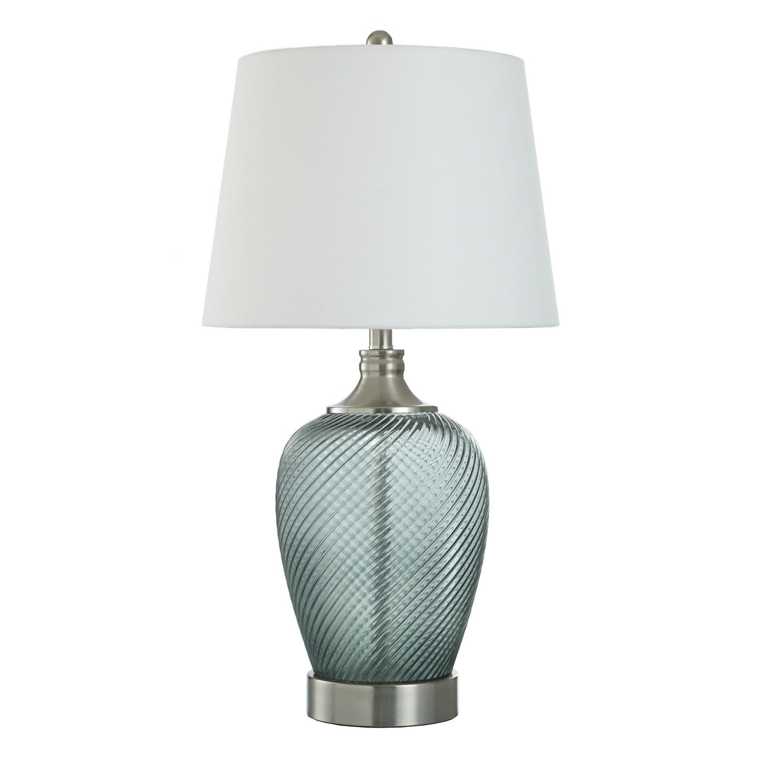 Ribbed Swirl Tinted Glass Body Table Lamp with Brushed Steel Base and Lid Aqua