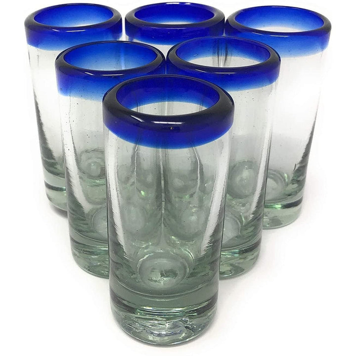 Hand Blown Mexican Tequila Shot sses Set Of 6 Cobalt Blue Rim (2 Oz Each) - Diamond Home USA