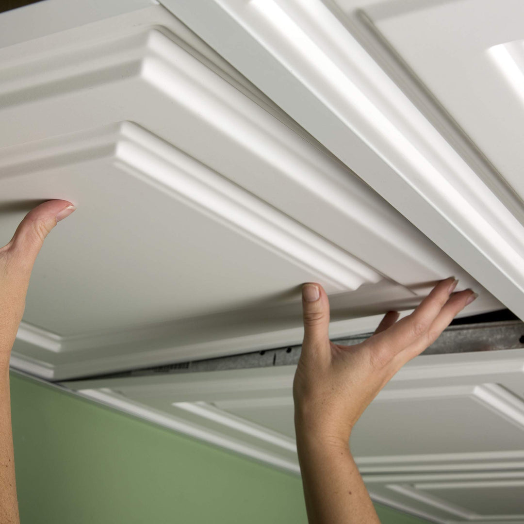 Genesis 2ft x 2ft White Icon Relief Ceiling Tiles Easy DropIn Installation Pack of 12 - Diamond Home USA