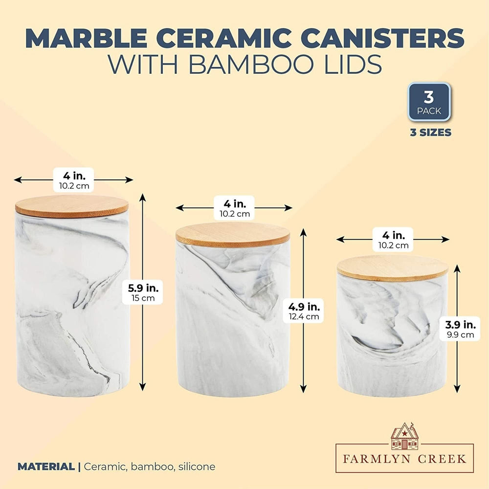 Small Marble Kitchen Canisters with Bamboo Lids White Ceramic (3 Sizes 3 Pack) - Diamond Home USA