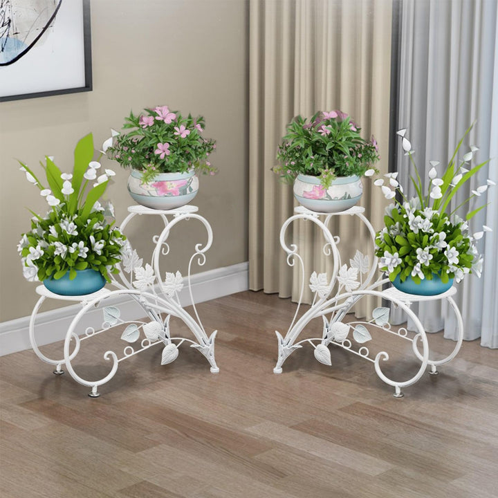 Plant Stand Set Of 2 Metal Flower Racks Potted White Black Classic Rectangular