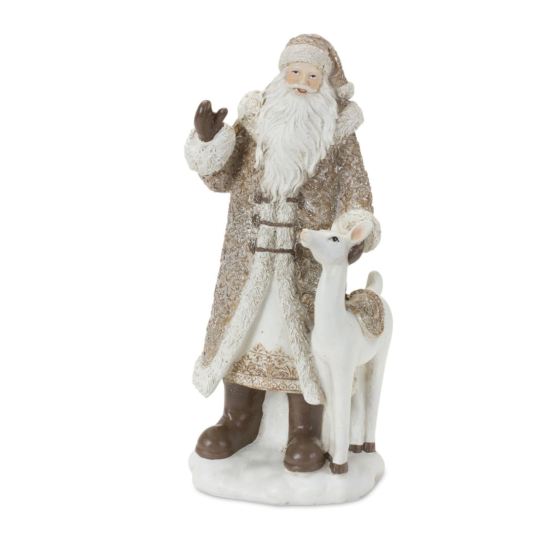 Santa Figurine with Deer and Pine Tree Accents (Set of 2) Off/White Resin - Diamond Home USA