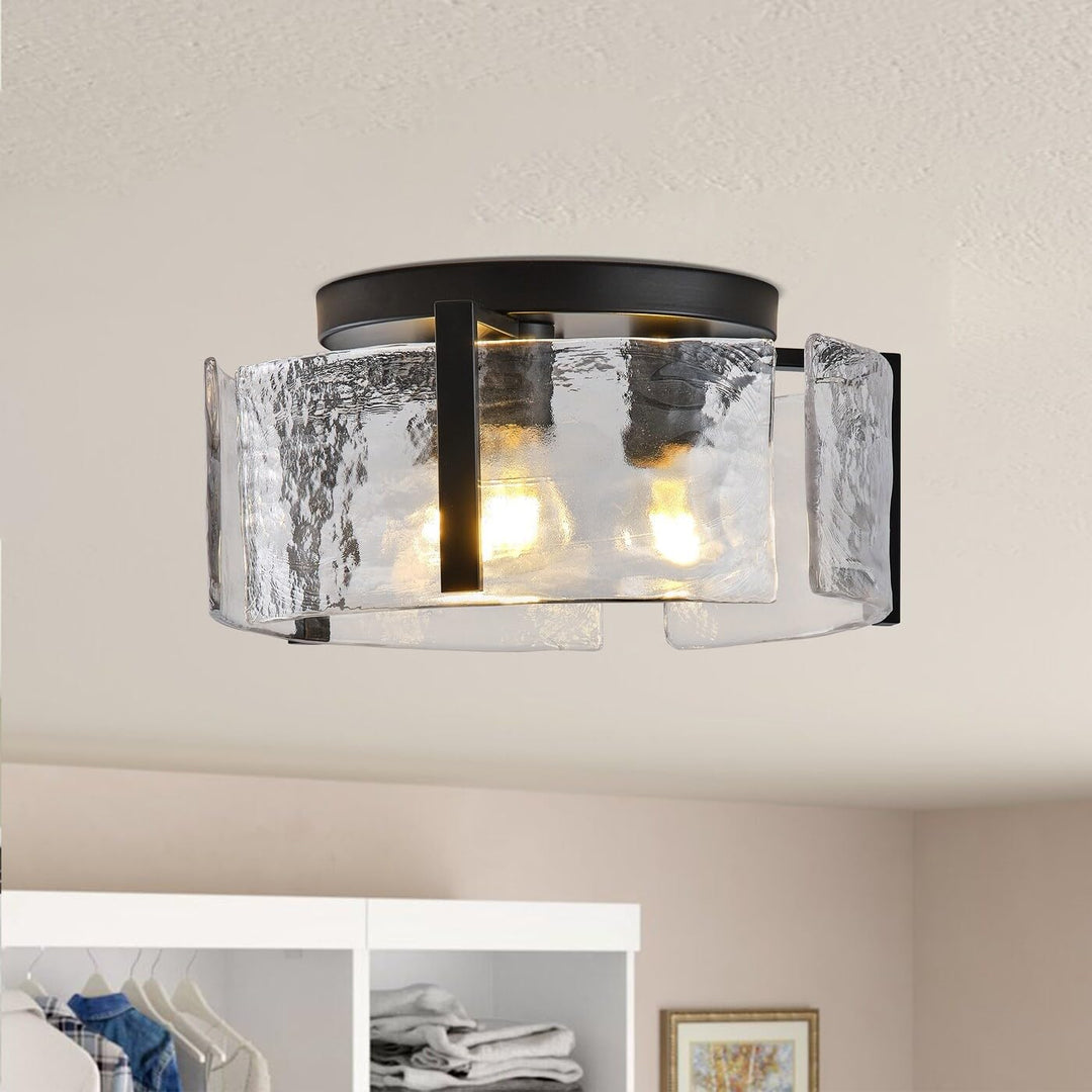 Modern Black Metal Ceiling Light Flush Mount Fixture with Curved Water Glass - Diamond Home USA