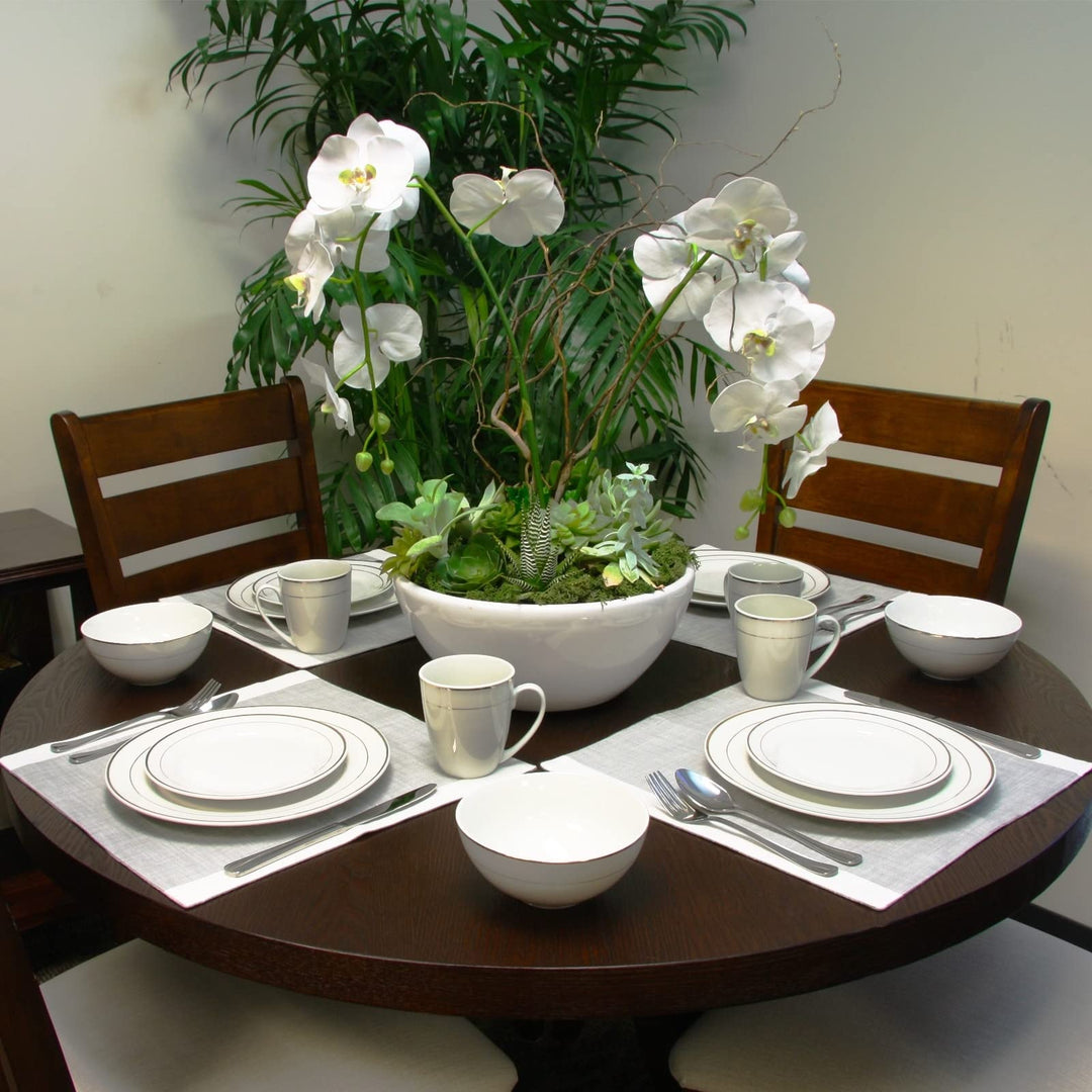 Dinnerware Double Gold Ring Set 16 Pieces White Solid Casual Round Ceramic Piece - Diamond Home USA