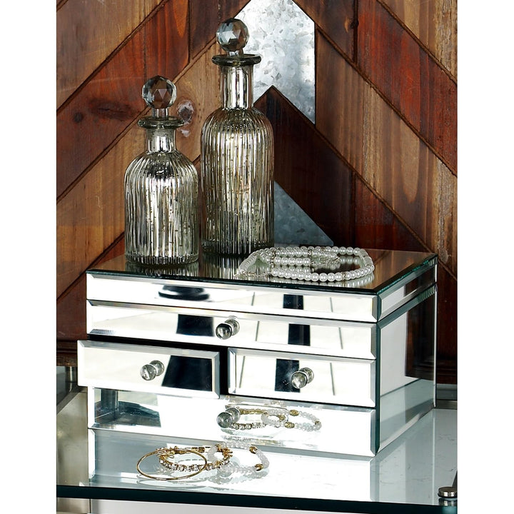 Silver Glass Mirrored 4 Drawers Jewelry Box Modern Contemporary