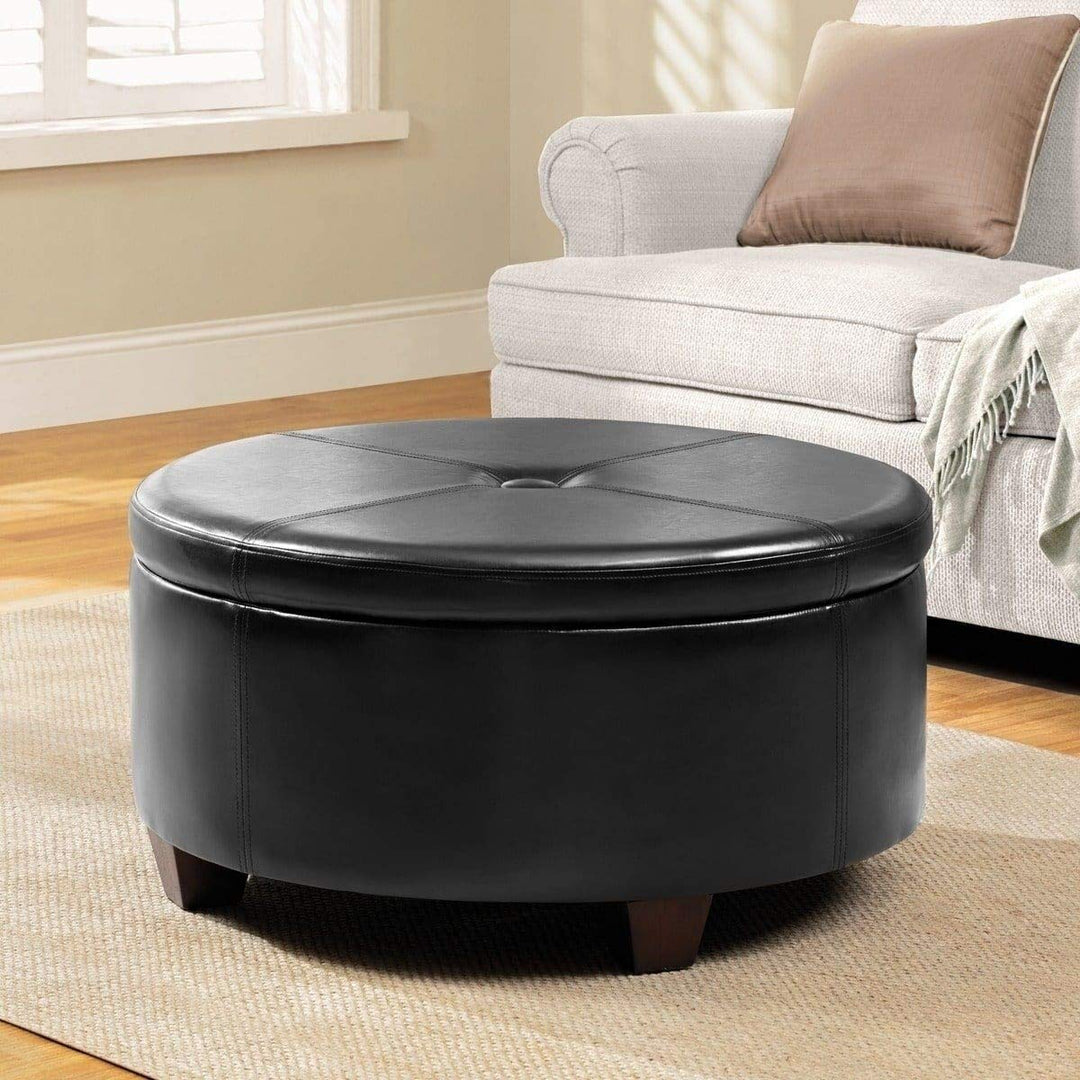 Large Round Button-top Storage Ottoman Black Solid Modern Contemporary Faux