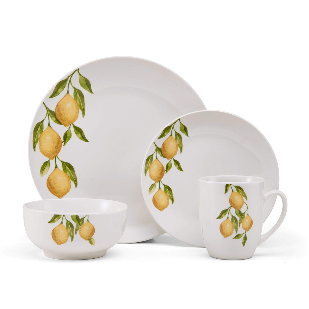 Country Lemon 16pc Dinnerware Set Yellow Fruit Casual Round Porcelain 16 Piece - Diamond Home USA