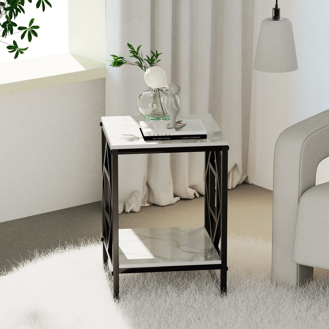 Square 15.7-inch Marble Top with Metal Frame Side Table Black Modern