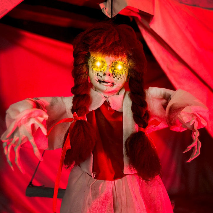 Haunted Hill Farm Animatronic Scary Talking Haunted Doll on Swing with Touch - Diamond Home USA