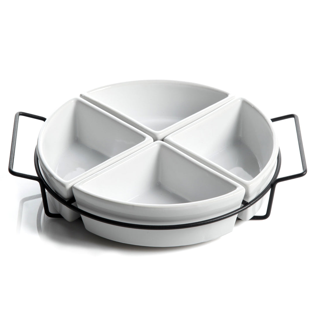 Gibson Elite Gracious Dining Dinnerware 4-Section Tray Set with Metal Rack White - Diamond Home USA