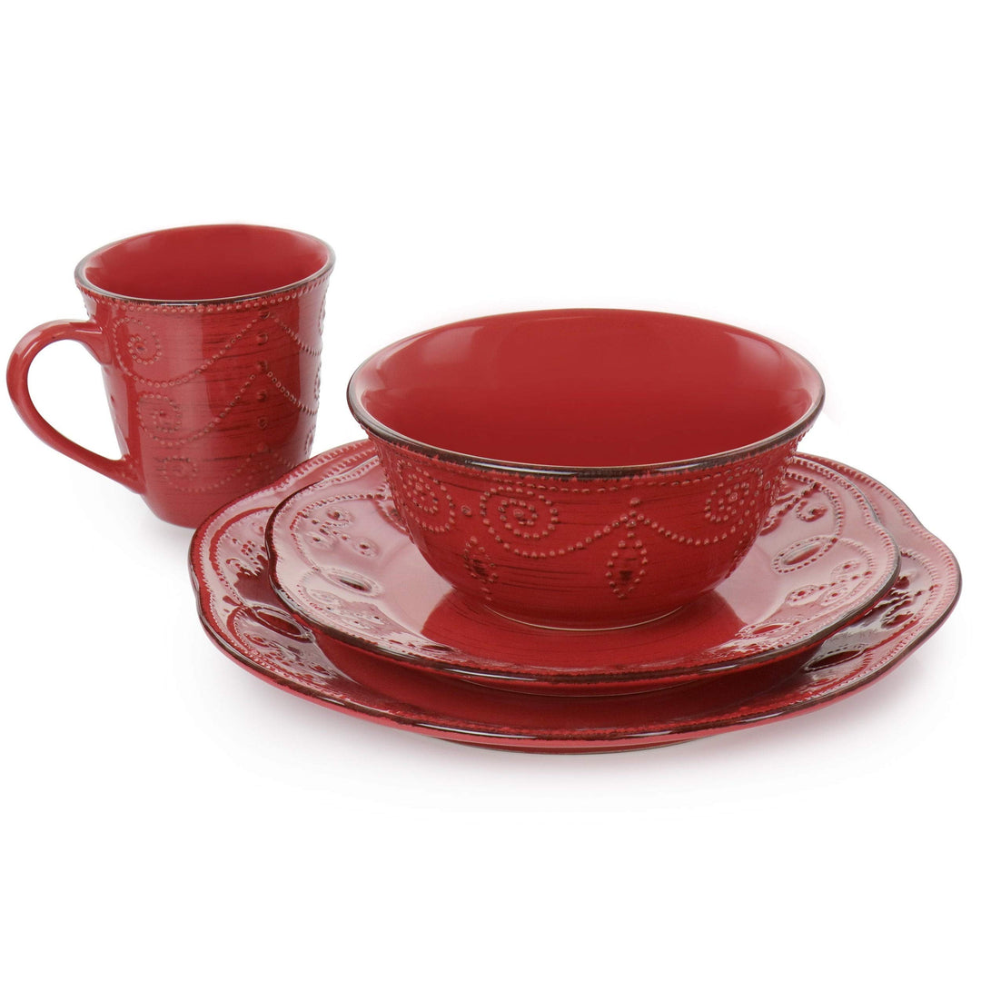 Rustic Birch 16 Piece Stoneware Dinnerware Set in Red Solid Casual Round - Diamond Home USA