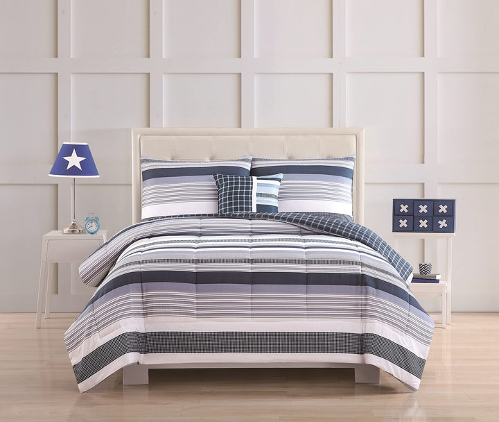 My World Mason Stripe Quilt Set with Bonus Decorative Pillow Full Blue White