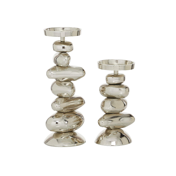 Silver Stacked Stone Candle Holders Set of 2 10" 14" 5 X 14 - Diamond Home USA