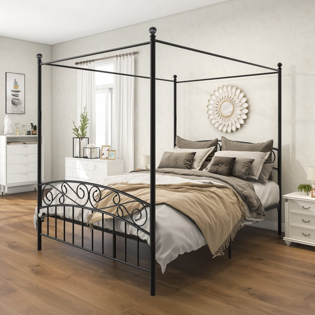 Queen Size Metal Canopy Bed Frame Black Vintage Finish Headboard Included