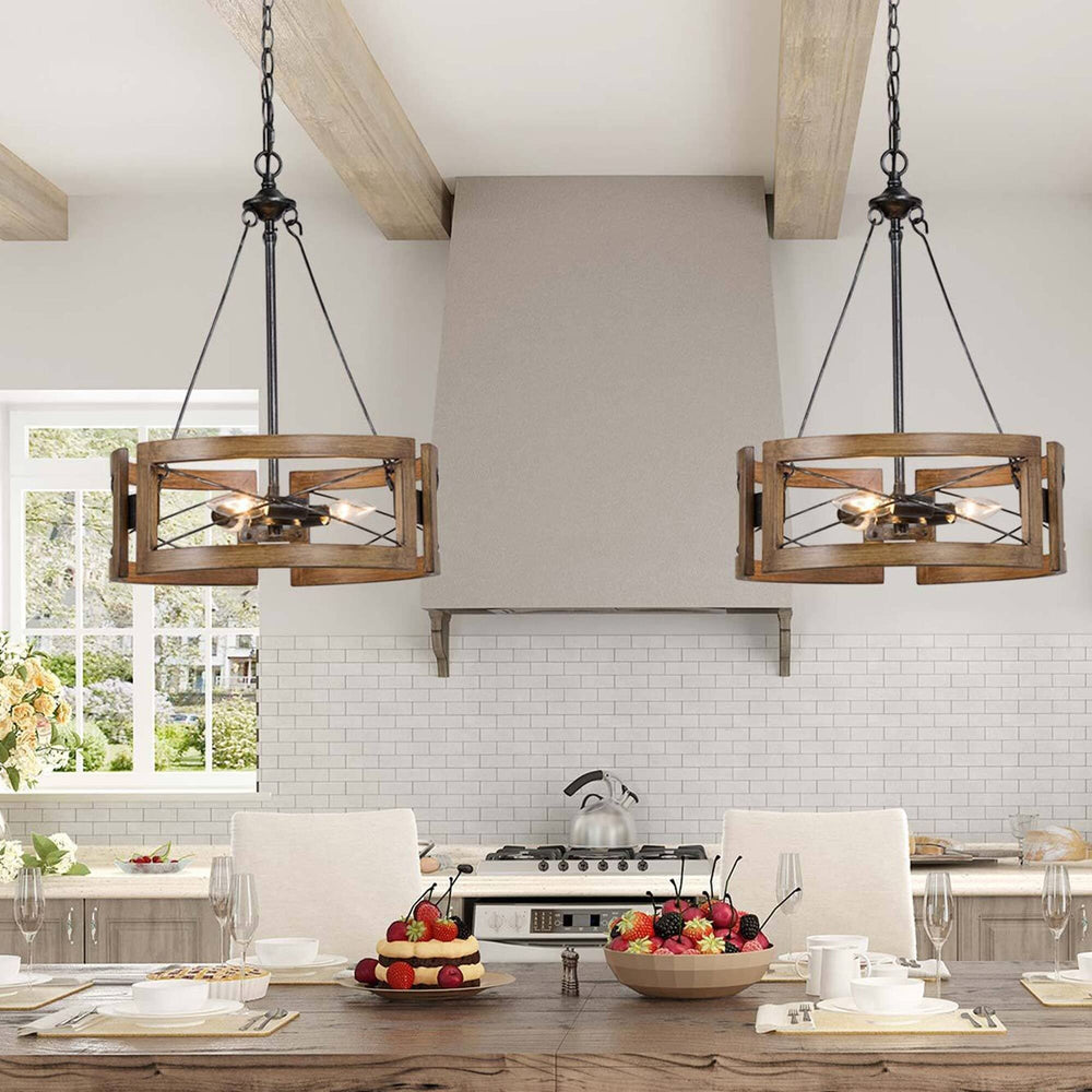 Farmhouse 3-light Drum Chandelier Wood Finish for Dining Room D15.5 * H 20.5" - Diamond Home USA