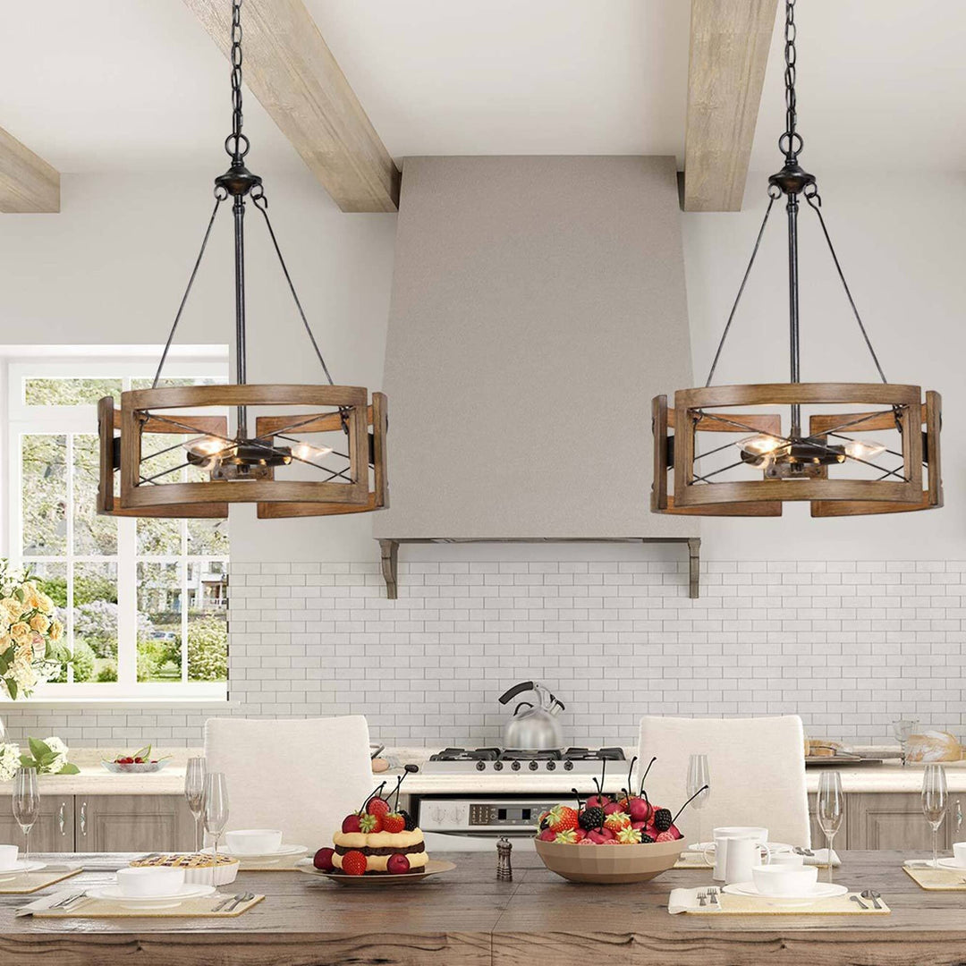 Farmhouse 3-light Drum Chandelier Wood Finish for Dining Room D15.5 * H 20.5" - Diamond Home USA