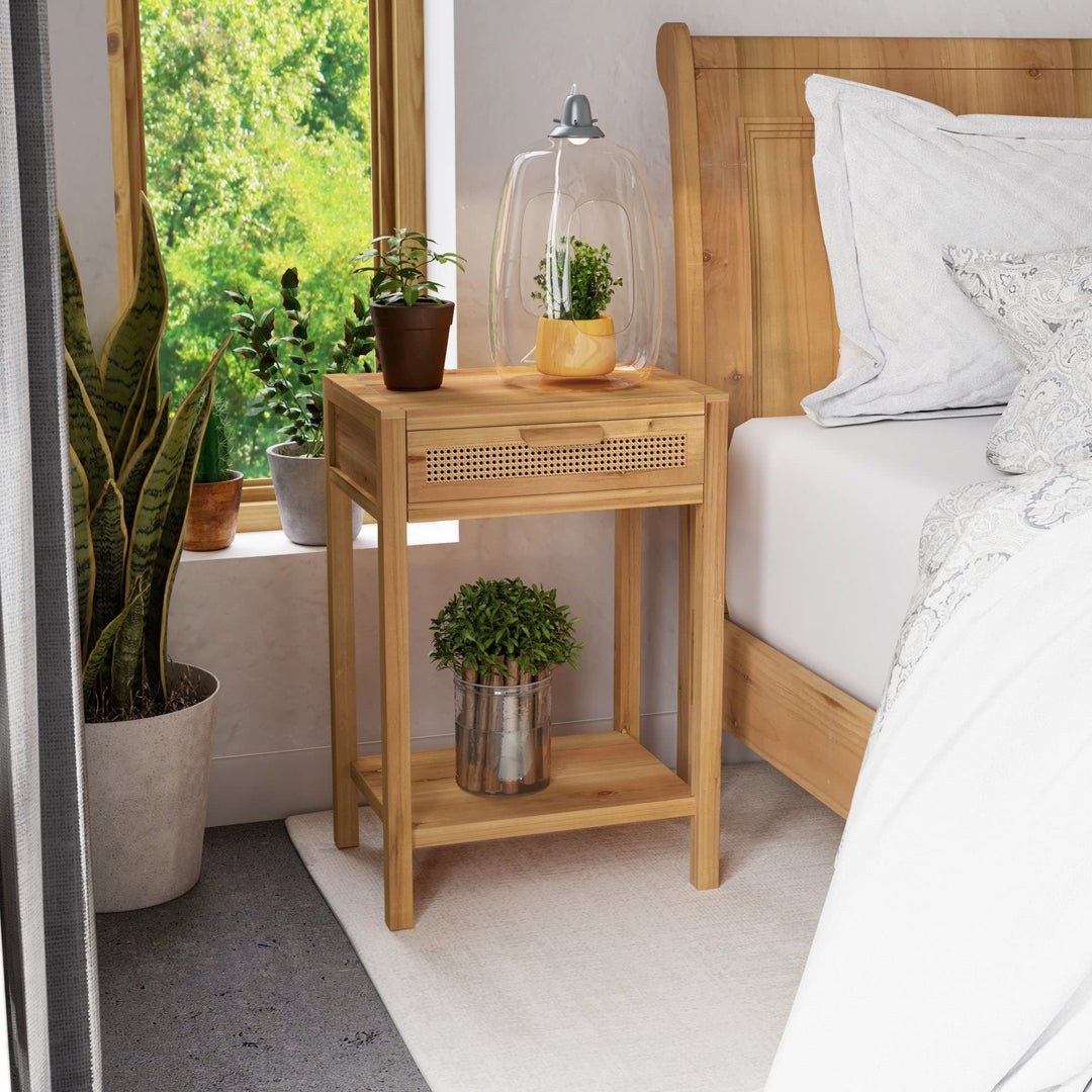 Modern Minimalism Nightstand with Woven Pattern Drawer and Shelf Storage Natural - Diamond Home USA