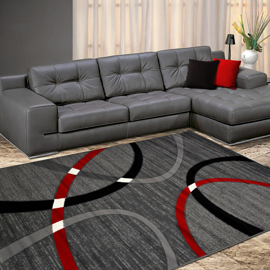 Modern Accent Rug in Red with Overlapping Curve Design 8' X 10' Abstract