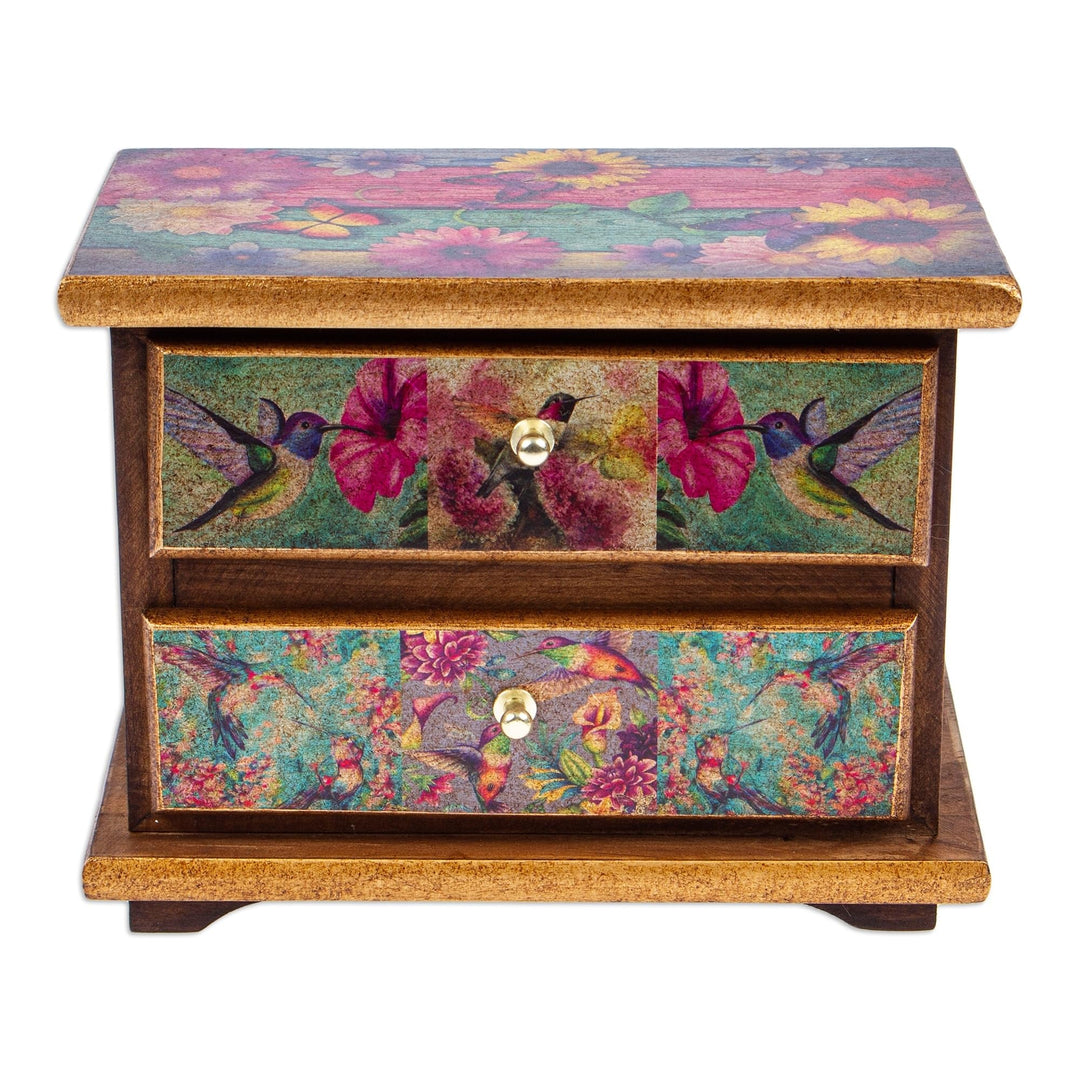 Handmade Floral Hummingbirds Jewelry Box Brown Wood Antique