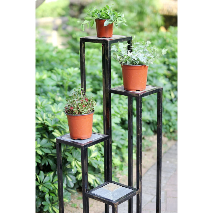 47.25 in. 4 Tier Grey Stone Cast Iron Plant Stand Black