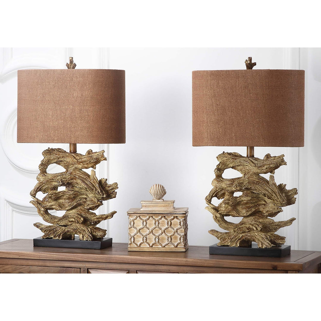 Set of 2 - Golden Brown Driftwood Table Lamp Branch Light Stacked Pieces of Wood