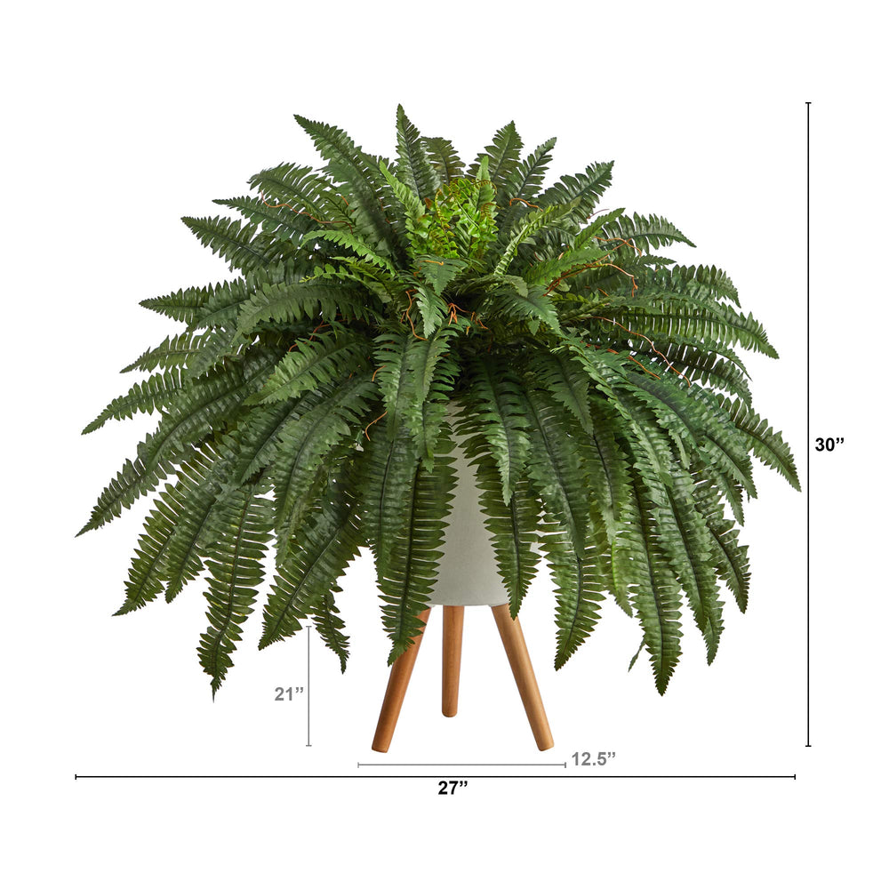 Nearly Natural 2.5ft. Boston Fern Artificial Plant in White Planter with Legs - Diamond Home USA
