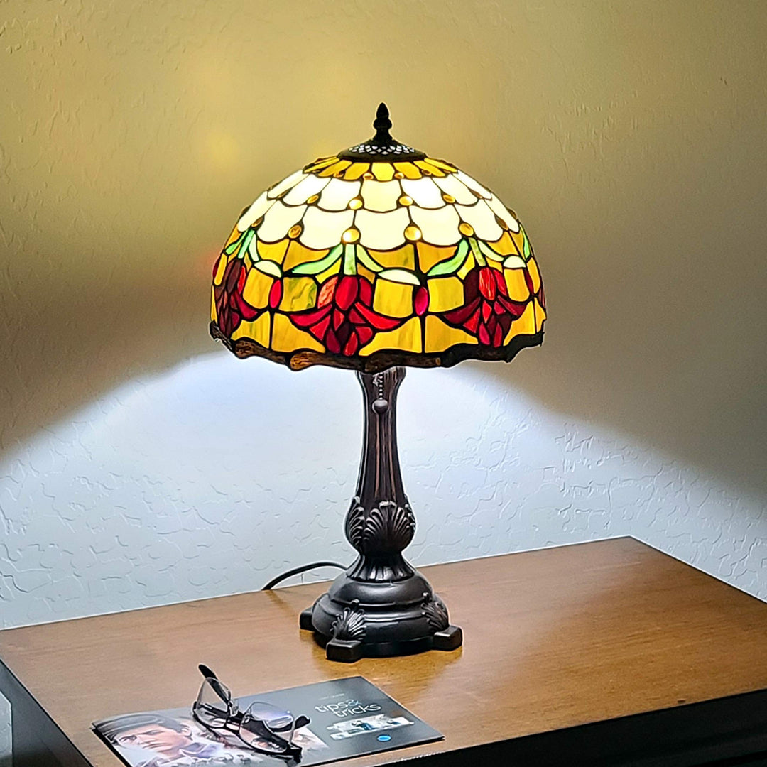 Tiffany Style Table Lamp Banker 19" Tall Stained Glass Red Yellow White Floral - Diamond Home USA
