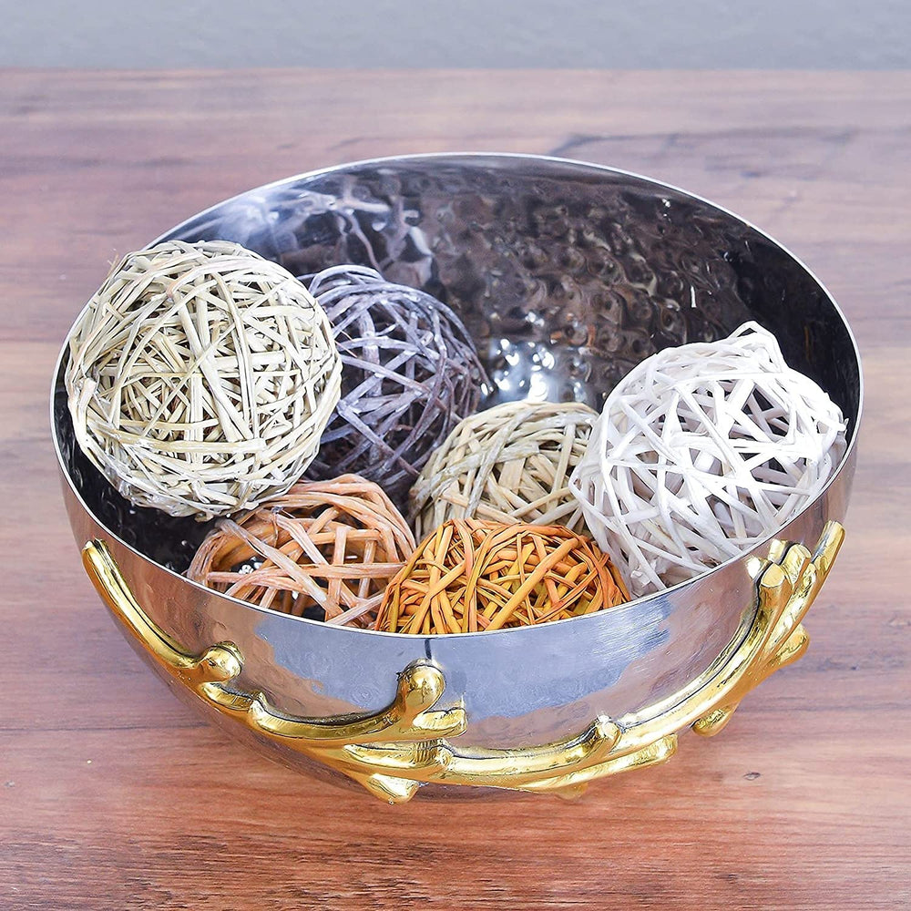 Two Tone Nickel Plated Decorative Serving Bowl With Gold Leaf Design Silver - Diamond Home USA