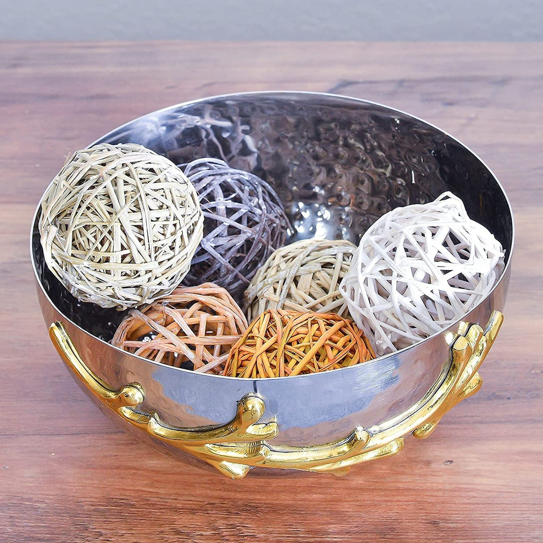 Two Tone Nickel Plated Decorative Serving Bowl With Gold Leaf Design Silver - Diamond Home USA