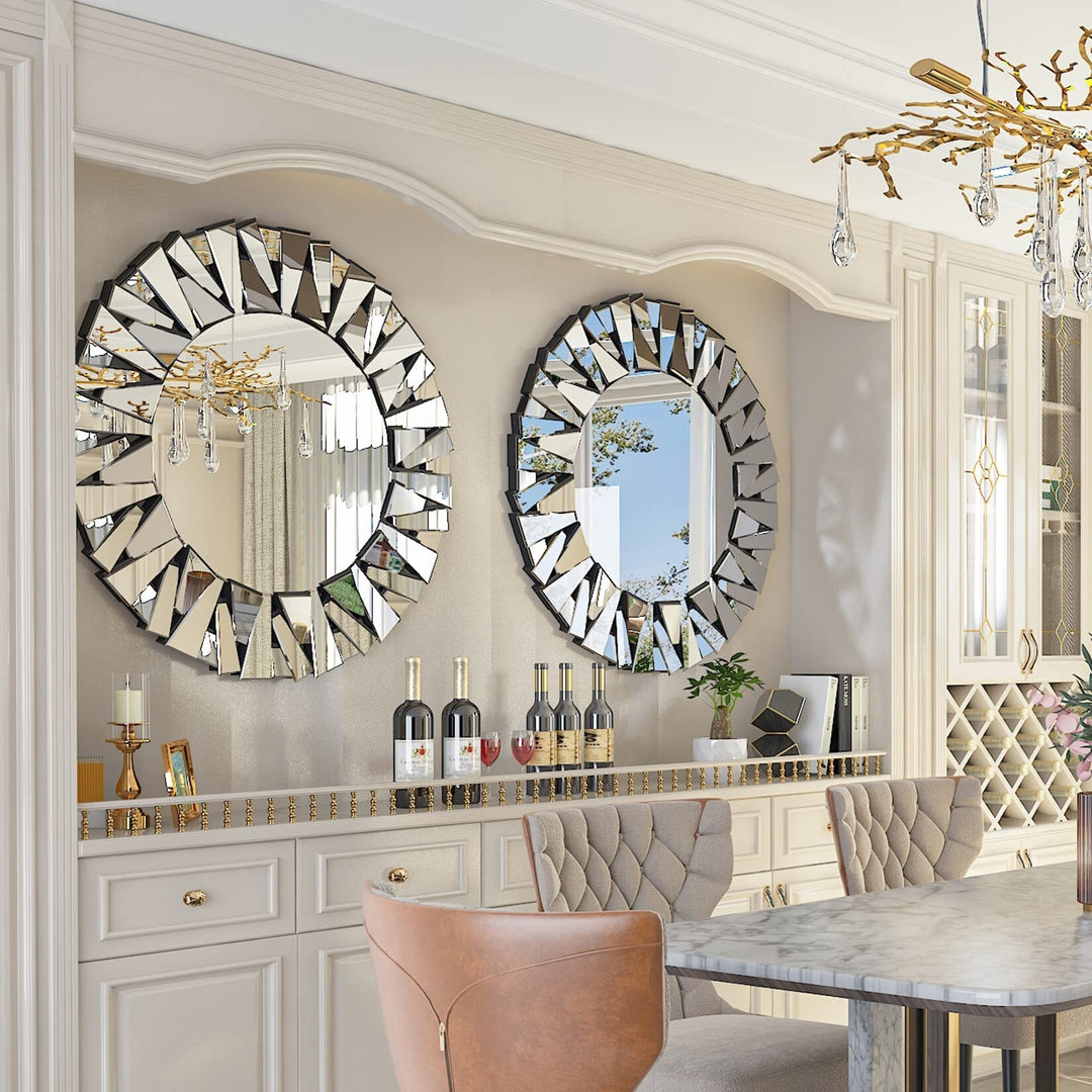 Sunburst Round Glass Accent Wall Mirror 32"x32" Silver Modern Contemporary - Diamond Home USA