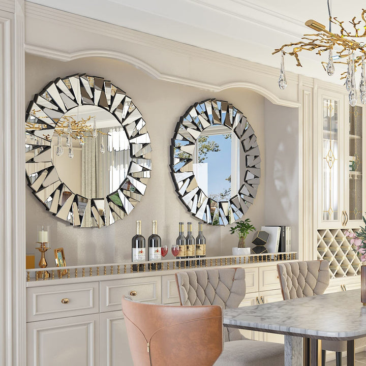 Sunburst Round Glass Accent Wall Mirror 32"x32" Silver Modern Contemporary - Diamond Home USA
