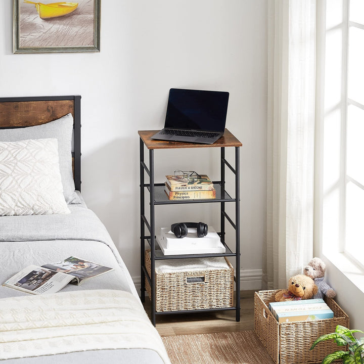 Industrial 4-Tier End Table with Mesh Shelves and 2 Wicker Storage Basket - Diamond Home USA