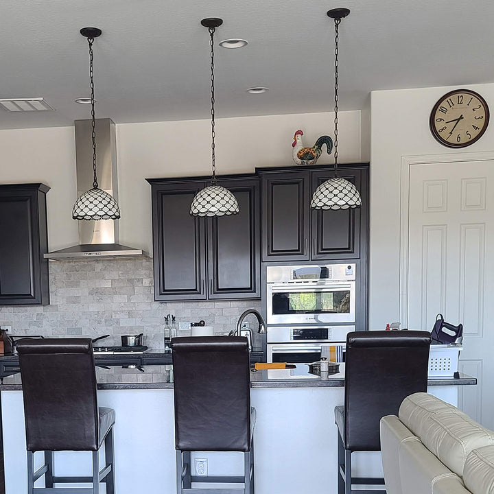 Tiffany Style Hanging Pendant Lamp Ceiling 12" Wide Stained Glass White Clear/White - Diamond Home USA