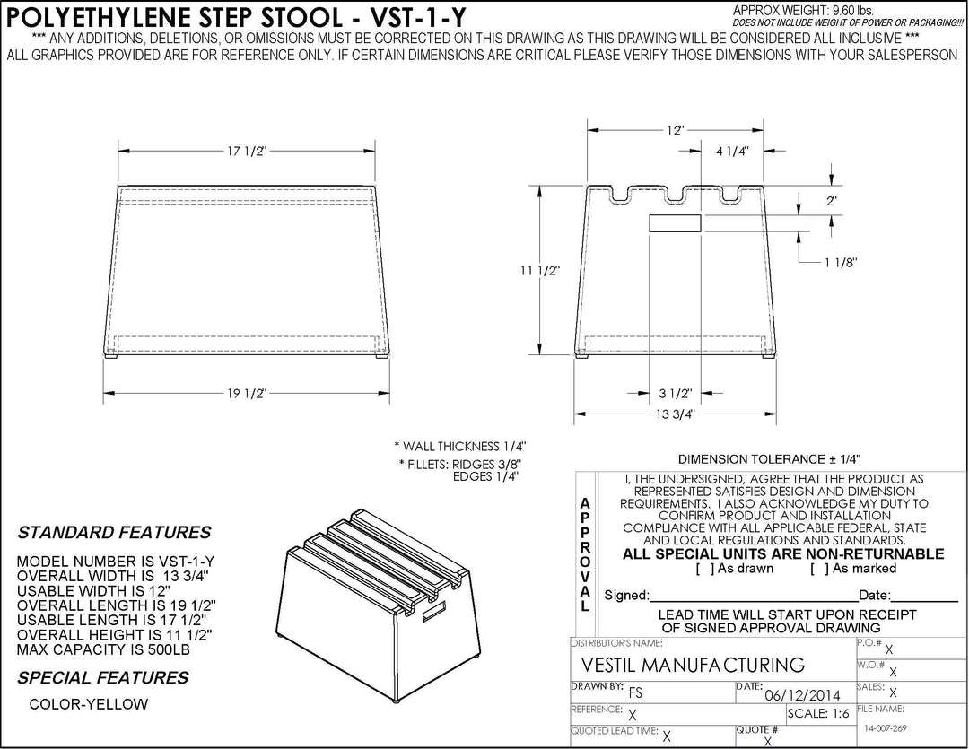 Vestil VST-1-Y Polyethylene Step Stool 1 Step Yellow - Diamond Home USA
