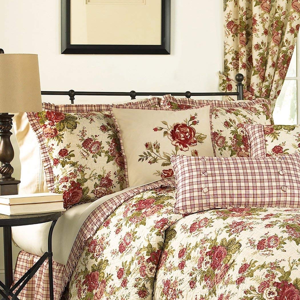 MPN 4 Piece Vintage Red Green White King Quilt Set Floral Themed Reversible - Diamond Home USA