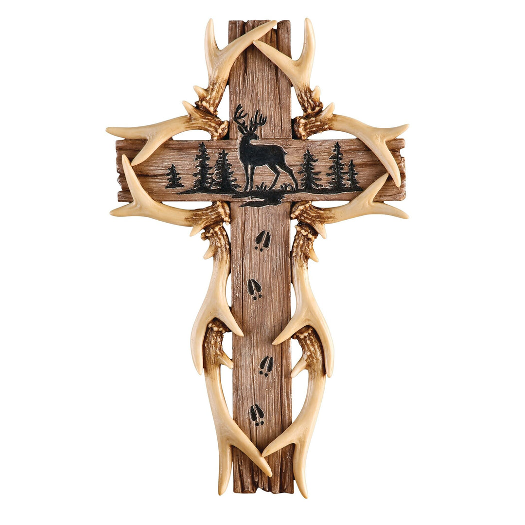 Realistic Deer Antlers And Rustic Wood-look Wall Art Cross Brown Traditional