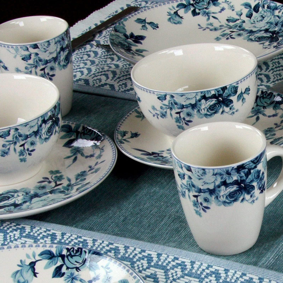 Traditional Blue Rose Stoneware Dinnerware Set (Case Of 16) Floral Casual 16 - Diamond Home USA