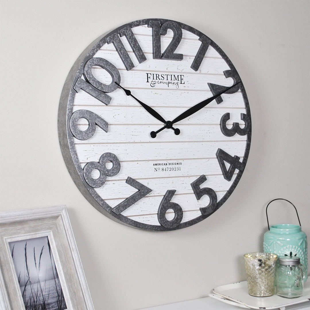 Shiplap Wall Clock American Crafted Distress White Gray Plastic Wood 18 X 2.5 in