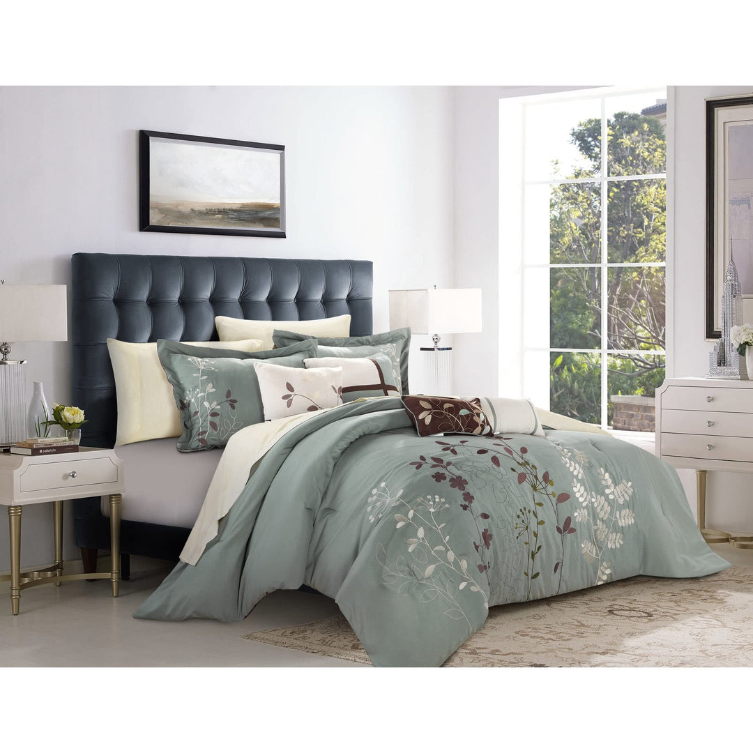 8-Piece Embroidered Comforter Set Sage Green Floral Modern Contemporary - Diamond Home USA