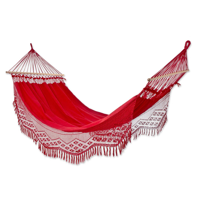NOVICA Bright Red Cotton Fabric 1 Person Brazili Hammock with Spreader Bars