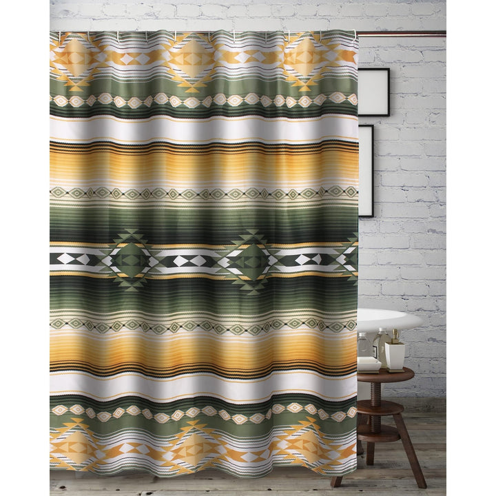Bath and Shower Curtain Gold Green White Geometric Striped Cabin Lodge Rustic