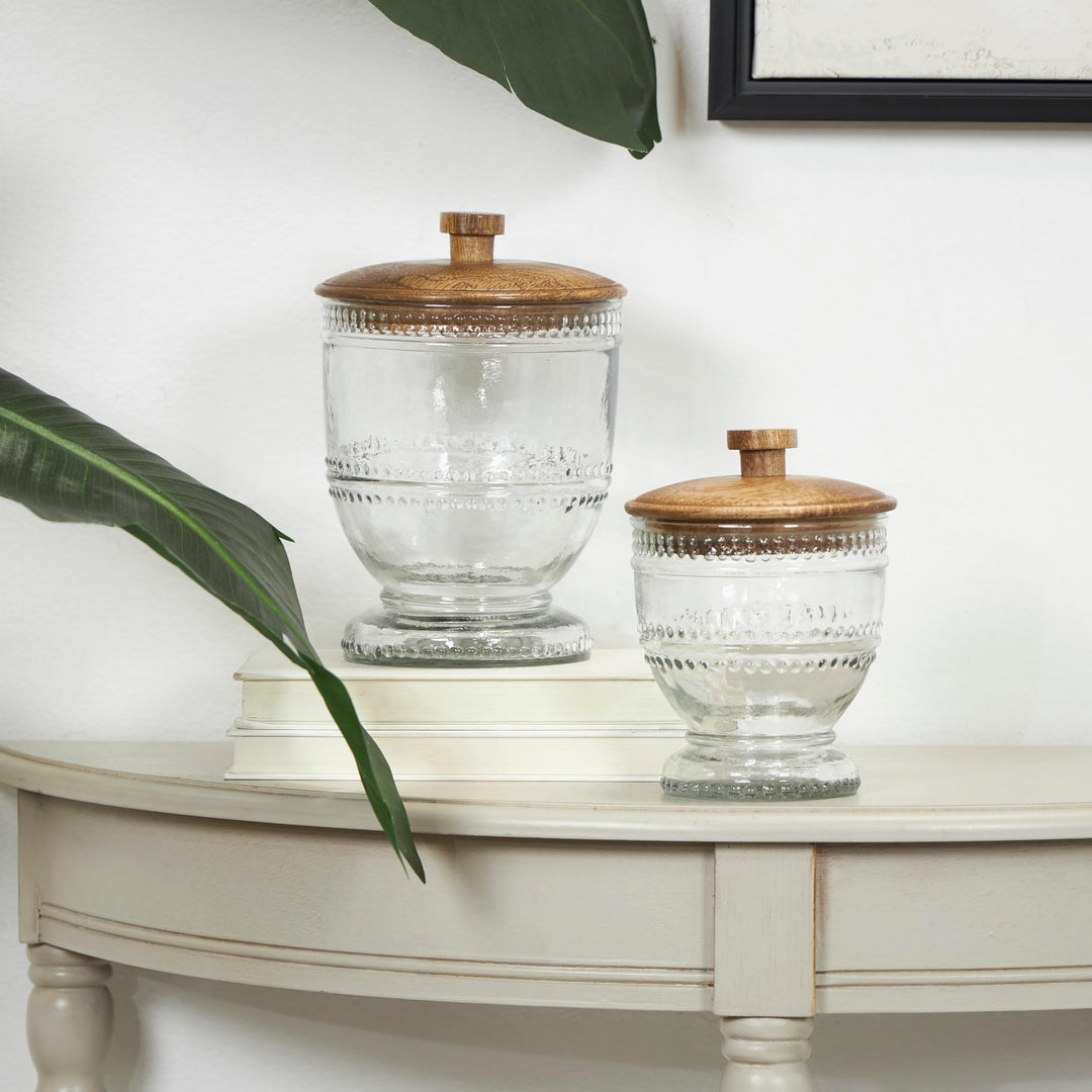 Clear Glass Beaded Decorative Jars with Wood Lids Set of 2 8" 7" h