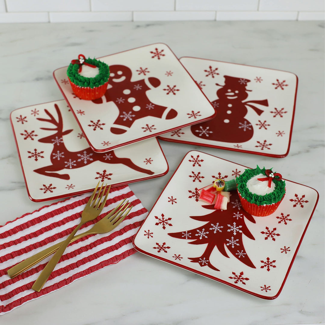 Winterfest 8inch Salad Plates Dessert Set Of 4pcs Red White Ceramic - Diamond Home USA