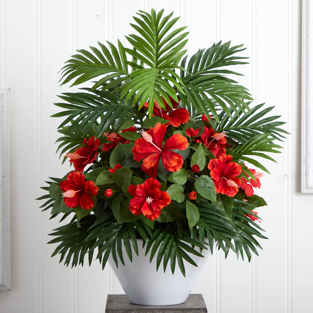 Nearly Natural Hibiscus and Areca Palm Artificial White Bowl Silk Plants Red - Diamond Home USA