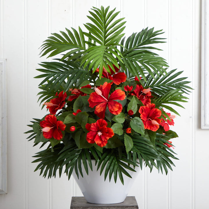 Nearly Natural Hibiscus and Areca Palm Artificial White Bowl Silk Plants Red - Diamond Home USA