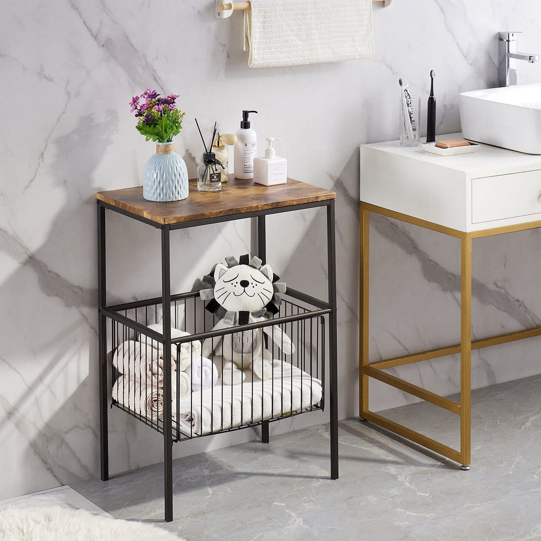 31" Height Modern Side End Table with Storage Mesh Basket Brown Casual - Diamond Home USA