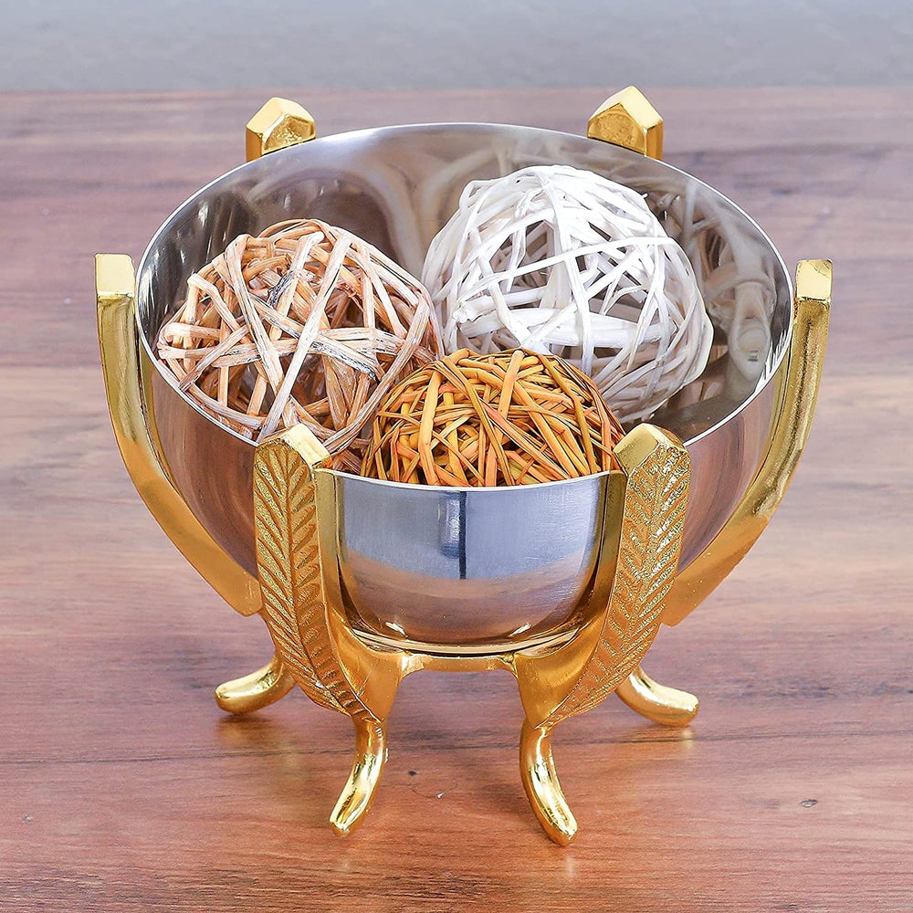Shiny Stainless Steel Decorative Bowl On Elegant Gold Base Silver Metal - Diamond Home USA